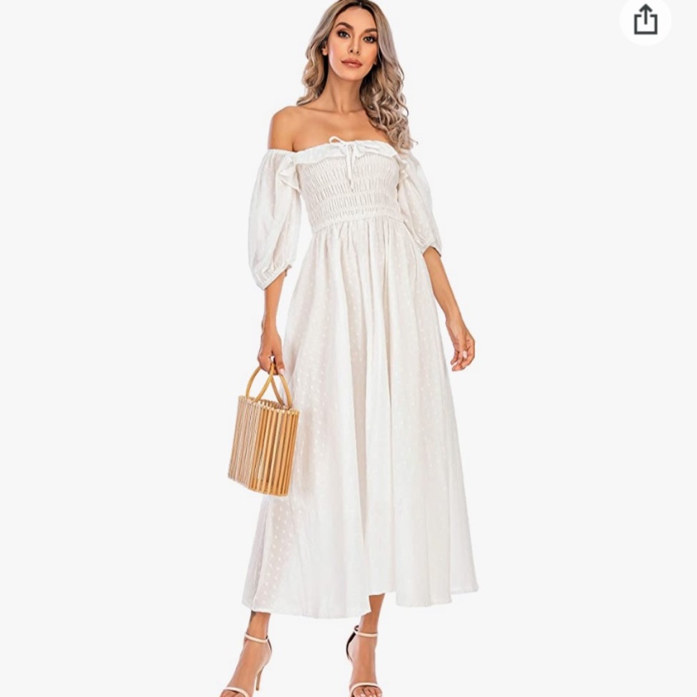 R Vivimos White Midi-dress with puff sleeves